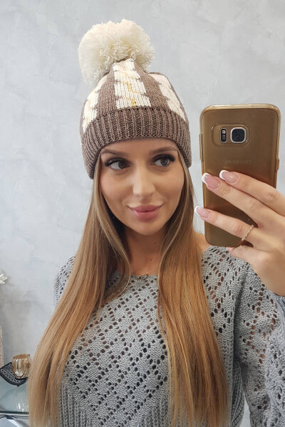 Dámská čepice s bambulí Rozalia K323 ecru+mocca UNI