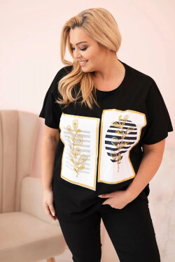 Dámská bavlněná halenka Plus Size s kamínky černá + tmavě modrá UNI