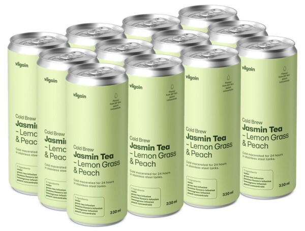 Vilgain Cold Brew zelený čaj – 12× Lemongrass & broskev 330 ml
