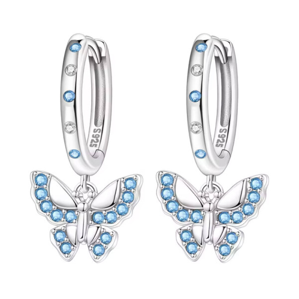 Stříbrné náušnice Motýl s modrými zirkony - stříbro 925/1000, Modrá