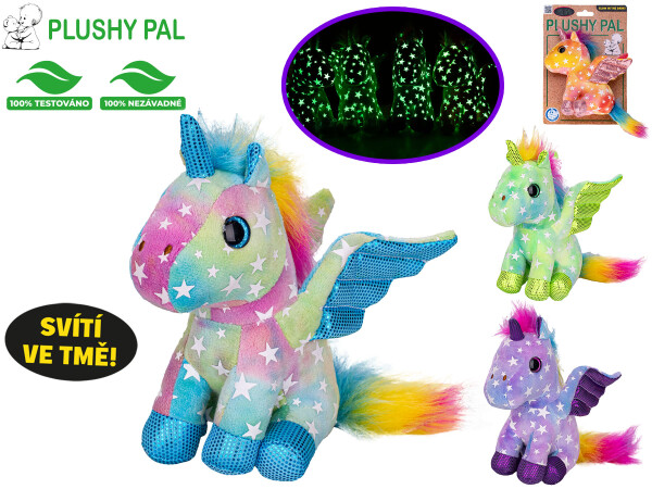 Plyšový jednorožec Plushy Pal sedící 15 cm s křídly svítící ve tmě - mix barev
