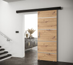 Posuvné dveře Salwador IV Dveře: Bíle mat, Pásky / úchyty: Černá, Horní pojezdová lišta: Dub artisan