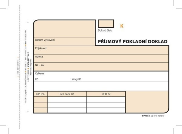 Příjmový doklad, A6, 3 × 25 listů, číslovaný, NCR