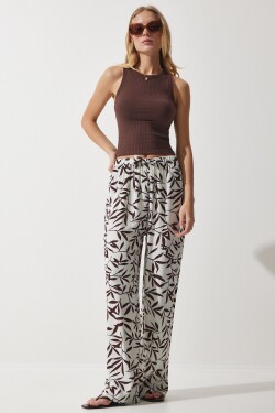 Happiness İstanbul Women's Ecru Brown Patterned Flowing Viscose Palazzo Trousers