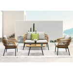 Zahradní set 1+1+2, stůl 90x48, židle a dvojsedačka, přírodní umělý ratan, kov antracit, světle šedá látka
