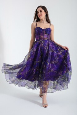 Lafaba Women's Purple Design Organza Evening Dress