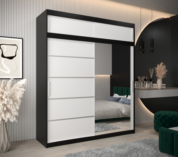 Šatní skříň Abi V2 s nástavcem Barva korpusu: Černá, Rozměry: 200 cm, Dveře: Bílá