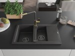 MEXEN/S - Gaspar granitový dřez 1.5 s odkapávačem včetně baterie Flora, černá kropenatá 6507-76-670401-75-B