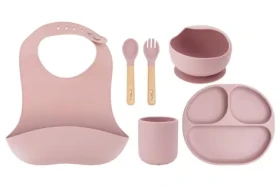 MoMi AMI růžový / Dětský silikonový jídelní set (AKCE00043)