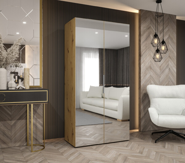 Šatní skříň Abi Marbella 3 Rozměry: 100 cm, Pásky / úchyty: Stříbrné, Barva korpusu + barva dveří: Dub artisan + zrcadlo