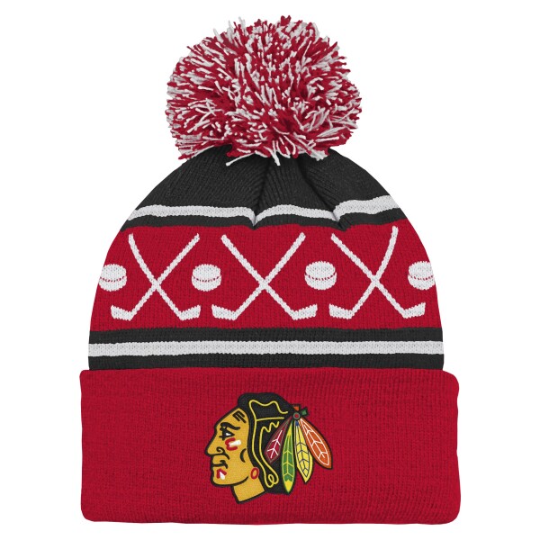 Outerstuff Dětská batolecí zimní čepice Chicago Blackhawks NHL Face-Off Cuff Pom
