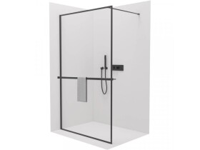 CERANO Sprchová zástěna Walk-in Moreli L/P + polička/držák na ručníky - černá matná, transparentní sklo - 140x200 cm