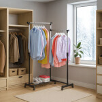 Stojan na šaty s odkladačem, otočný 360°, černá barva, kov / plast, chrom,