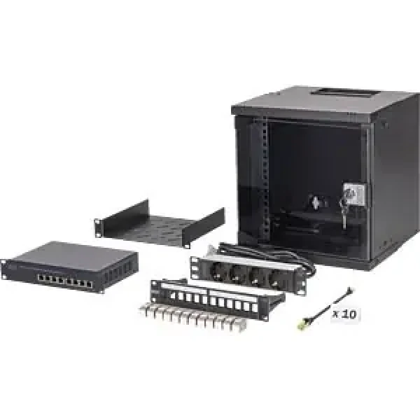 Digitus 10" Síťová sada 6U černá / Nástěnný rozvaděč / switch 8 port / patch panel 12 port / IP20 (DN-49101-SET)