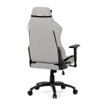 Herní křeslo, stříbrná látka, houpací mechanismus, polohování opěradla 90°-180°, 3D područky, polštáře z paměťové pěny,