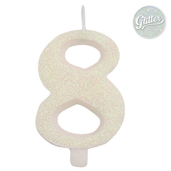 Svíčka číslo 8 bílá s glitrem 9,5 cm Svíčka číslo 8 bílá s glitrem 9,5 cm