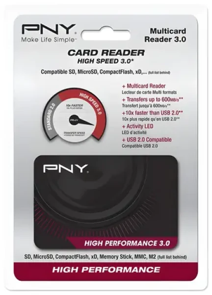 PNY High Performance Reader 3.0 černá / Čtečka paměťových karet / USB 3.2 Gen 1 / 5000 Mbit/s / CF, SD, microSD, MS, xD (FLASHREAD-HIGPER-BX)
