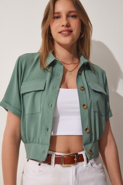 Happiness İstanbul Women's Almond Green Pocketed Short Sleeve Summer Linen Viscose Jacket