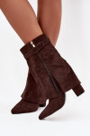 Zateplené dámské kozačky na podpatku s ozdobným páskem čokoládové Luvielle 40