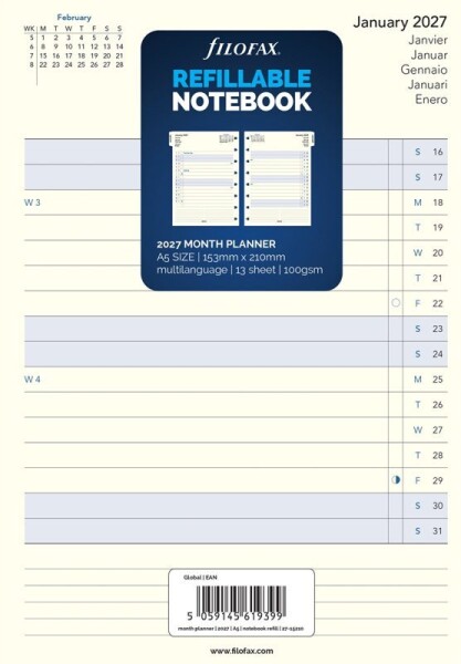 Kalendářní náplň do notebooku FILOFAX 2027, A5, měsíční plán