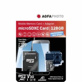 AgfaPhoto MicroSDXC Professional 128GB + Adaptér / R:100 MB/s / W:95 MB/s / Class V30 (10613)