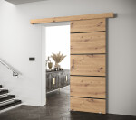 Posuvné dveře Salwador IV Dveře: Bíle mat, Pásky / úchyty: Černá, Horní pojezdová lišta: Dub artisan