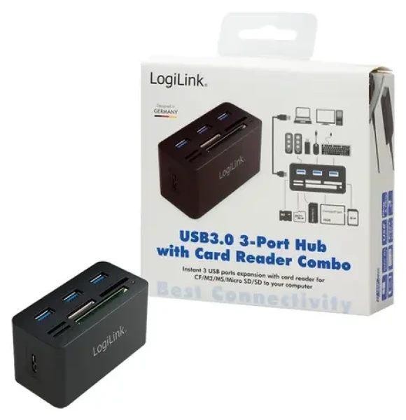LogiLink USB Hub s čtečkou karet černá / USB hub / 3x USB-A / Čtečka SD, microSD, M2, MS, CF (CR0042)