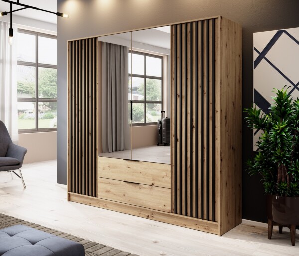 FRONTI Šatní skříň NELLY 4D zrcadlo dub artisan + černá 13183