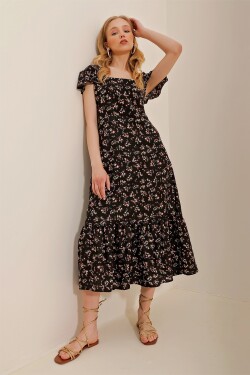 Trend Alaçatı Stili Dámské černé čtvercové límec vzorované midi délka viskózové šaty