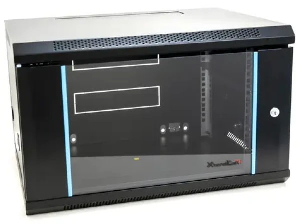 XtendLan 19" černá / Nástěnný rozvaděč / 6U / 600×450 mm / nosnost 60 kg / skleněné dveře (WS-6U-64-BLACK-P)