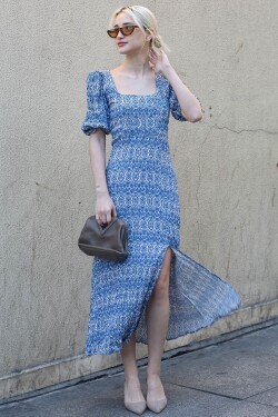Madmext Sax Square Collar Patterned Long Dress