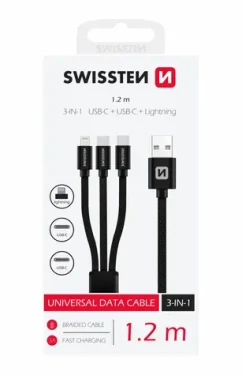 SWISSTEN TEXTILE datový kabel 3v1 2x USB-C (M) - Lightning (M) - USB-A (M) 1.2m černá / 60W / 3A (72501103)
