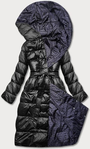 Černou oboustranná dlouhá bunda s kapucí (p22-6638-1) odstíny fialové 54