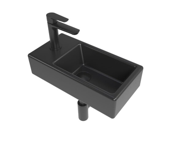 SAT - Koupelnový set levého závěsného umývátka Brevis 40,5 cm, pákové baterie, sifonu, průtočné zátky a roháčků v černé barvě KSETBRE2LBKM KSETBRE2LBKM
