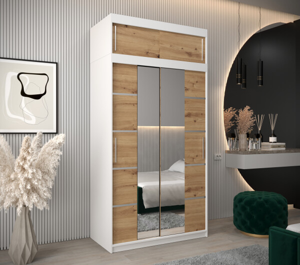 Šatní skříň Abi V4 s nástavcem Barva korpusu: Bílá, Rozměry: 120 cm, Dveře: Dub artisan