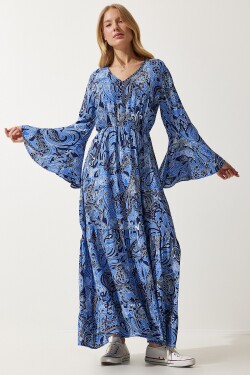 Happiness İstanbul Women's Blue Patterned Summer Viscose Dress