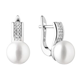 Stříbrné náušnice s řiční perlou a zirkony Lucy, stříbro 925/1000, Bílá