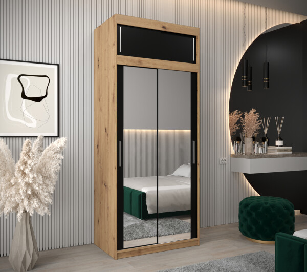 Šatní skříň Abi T3 s nástavcem Barva korpusu: Dub - Artisan, Rozměry: 100 cm, Dveře: Černá