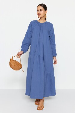 Trendyol Indigo Šaty s řasenými detaily, širokým střihem a podšívkou, ze 100% bavlněného mušelínu
