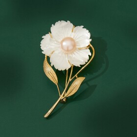 Brož s pravou perlou Christina - květina, Zlatá