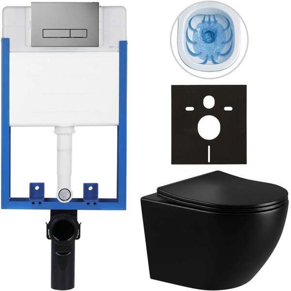 CERANO Kompletní WC set Profi/Cesso - černá lesklá - WC tlačítko Slim/Tmavě šedá - pro zazdění - 49x36 cm