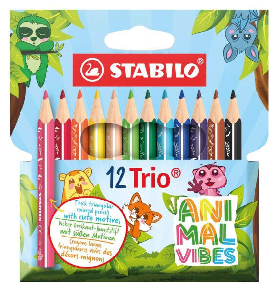 Trojhranné pastelky STABILO Trio silná krátká Animal Vibes 12ks - s motivy zvířat