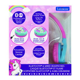 Lexibook 2v1 bluetooth skládací sluchátka Jednorožec s limitem hlasitosti