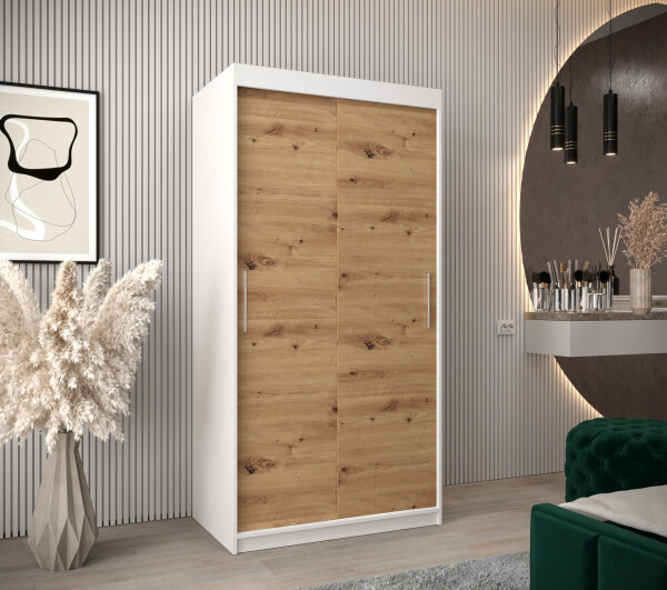 Šatní skříň Abi T0 s posuvnými dveřmi Barva korpusu: Bílá, Rozměry: 100 cm, Dveře: Dub artisan