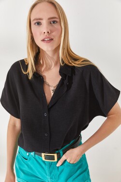 Olalook Women's Black Bat Oversize Linen Shirt