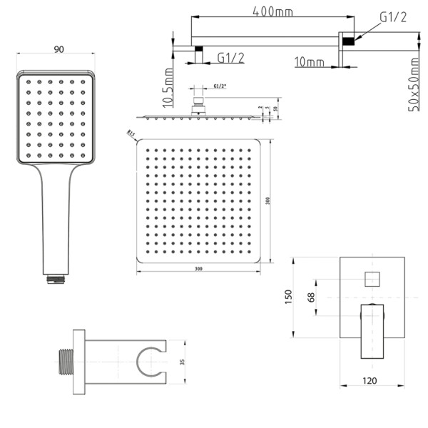 SAPHO - CUBEMIX podomítkový sprchový set s pákovou baterií, 2 výstupy, vyústění, zlato mat CM042GB-01
