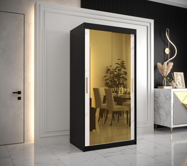 Šatní skříň Abi Golden T3 Barva korpusu: Černá, Rozměry: 100 cm, Dveře: Bílý mramor se zlatým zrcadlem