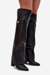 Zateplené kozačky s vytočenou holínkou za koleno podpatek sloupek černé Serelle 39