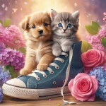 Diamantový obrázek - Štěně a kotě v botě 30x40 cm