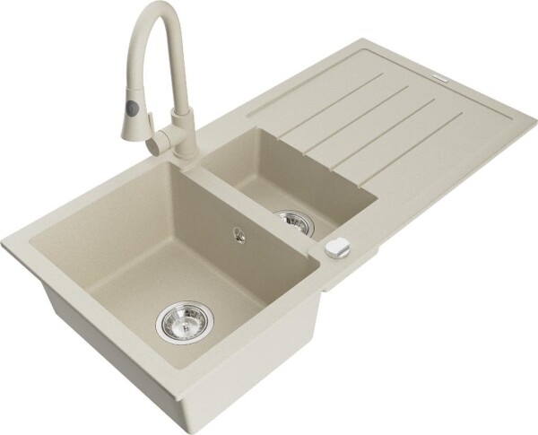 MEXEN - Andres granitový dřez s odkapávačem včetně baterie Elia, béžová 6515-69-670101-69